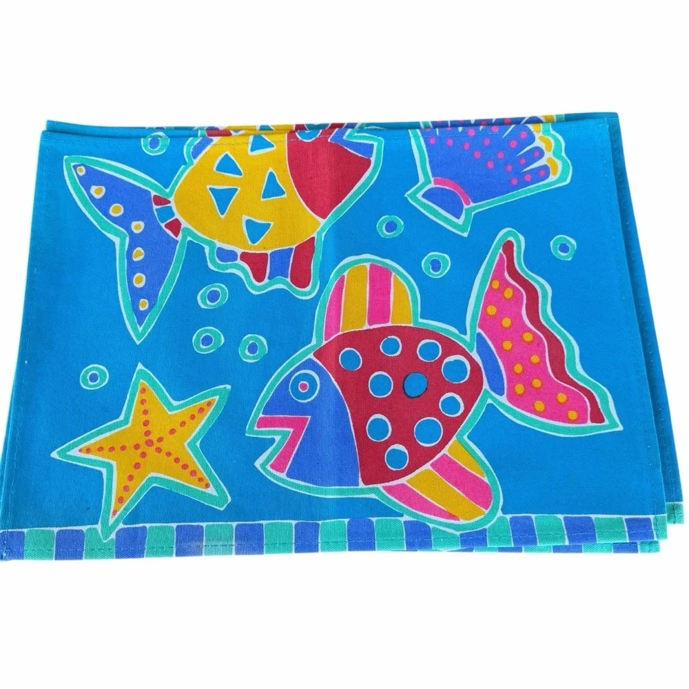 Vintage Tropical Fish Parrots Placemat Set Bright Colorful Fun Indoor Outdoor